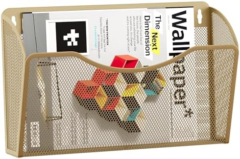 EasyPAG Wall File Organizer, Metal Mesh Hanging File Folder Holder for Letter/A4 Size Folders, Vertical Wall Mount Mail Sorter for Office Paperwork, Classroom, Gold by EasyPAG