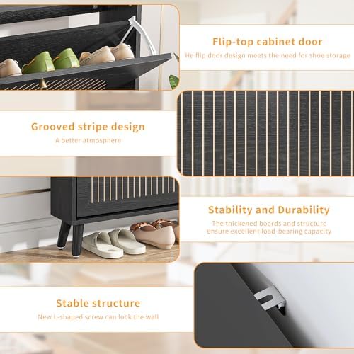 Fsbecl Shoe Storage Cabinet for Entryway with 2 Fluted Flip Drawers, Black - Image 4