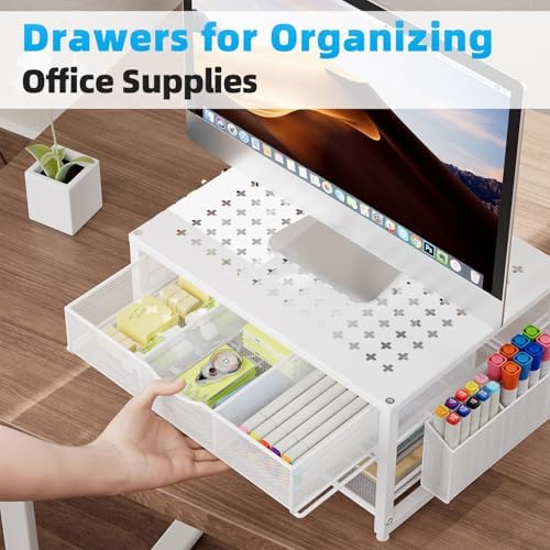 Marbrasse Metal Printer Stand for Desk with Storage Drawer and 2 Pen Holders, 2-Tier Desktop Organizer Printer Table for Home Office, Multi-Purpose Desk Organizer for Fax Machine Scanner Files(White) - Image 7