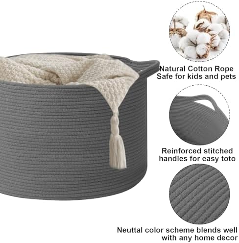 115L Extra Large Blanket Basket,Woven Rope Laundry Basket-Dark Grey - Image 3