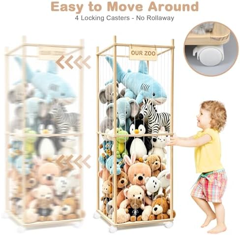 Stuffed Animal Storage, Wood Stuffed Animal Zoo Storage with Brake Wheels, Space Save Toy Organizer, Large Capacity Stuffed Animal Holder, Perfect for Nursery Playroom Kidroom Bedroom-63 Inch - Image 6