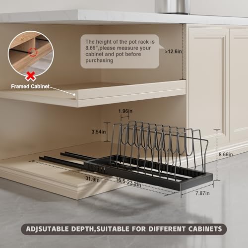 Magheo 2 Pack Pots and Pans Organizer Under Cabinet, 22" Deep Expandable Pull Out Pot Lid Organizer and Storage with 10 Adjustable Dividers No Drill Pot and Pan Holder Rack with Handle Bracket(Black) - Image 6