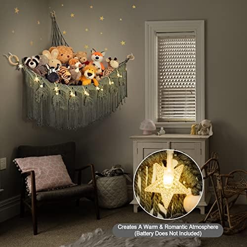 Macrame Stuffed Animal Storage with Star Light, Corner Hammock for Nursery - Image 2