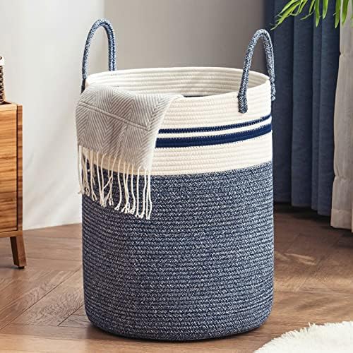 Woven Rope Laundry Hamper Basket by YOUDENOVA, 58L Tall Luandry Basket, Baby Nursery Hamper for Blanket Storage in Bedroom-Large-Blue by YOUDENOVA