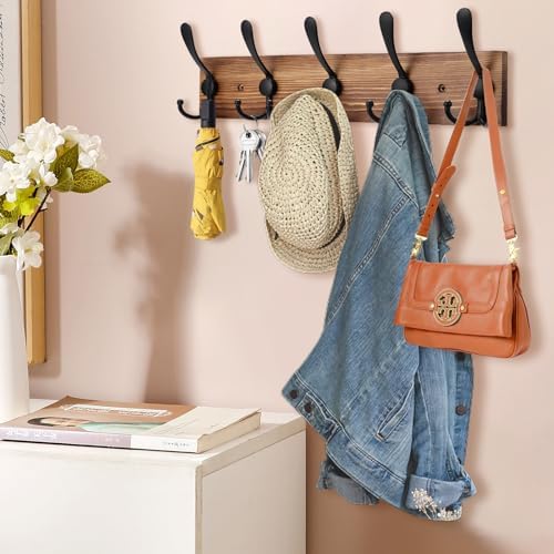 Kuhome Coat Rack Wall Mount Wooden Hat Rack for Wall Hooks Pine Real Wood Plank 16.9" Brown Coat Hanger with 5 Triple Hooks for Hanging Coat Hat Jacket - Image 6