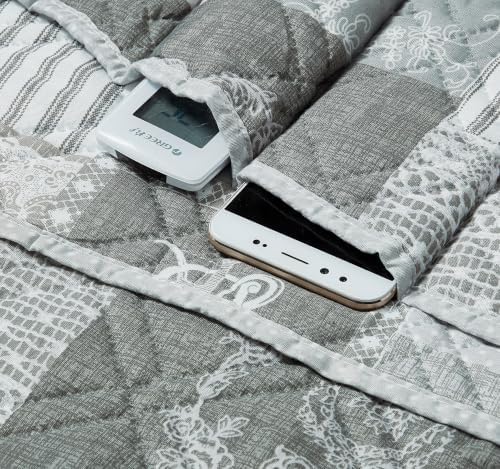 Brilliant Sunshine Grey Toile Floral Couch Armrest Organizer, 35"×13" - Image 4