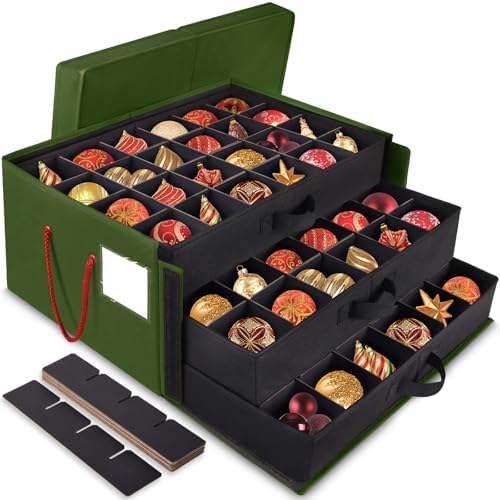 BlessedSeason Christmas Ornament Storage Box，Stackable 3 Drawer Organizers，Max 72 3" Christmas bauble, Adjustable Christmas Ball Storage Container Bins， Green by Unknown