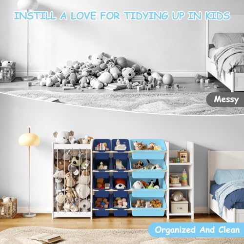 EXPERLAM 3-in-1 Kids Toy Storage Organizer, White Solid Wood, Blue Bins - Image 7