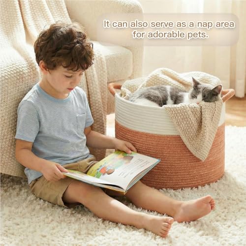 Artfeel 70L Large Cotton Rope Basket, Decorative Woven Blanket Storage for Living Room, Boho Toy Storage & Toy Box for Kids, Versatile Laundry Basket & Nursery Hamper for Blankets(Orange) - Image 4