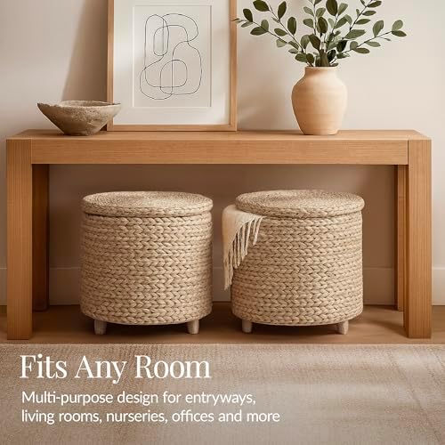 Best Choice Products 17" Round Storage Ottoman W/Lid, Handwoven Water Hyacinth Footstool, Footrest w/Wooden Legs, Accent Side Table, Storage Container, Plant Stand - Whitewash - Image 5
