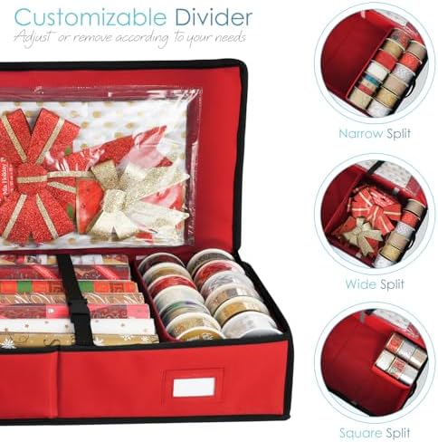 Hearth & Harbor Wrapping Paper Storage Container - Christmas Storage Bag with Interior Pockets - Gift Wrap Organizer Fits Up to 22 Rolls of 40" - Tear Proof, Red - Image 5