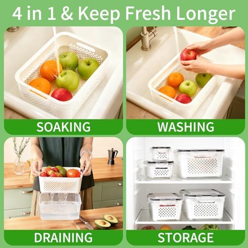 PRAKI Fruit Storage Containers for Fridge with Removable Colander, 5-Pack - Image 4
