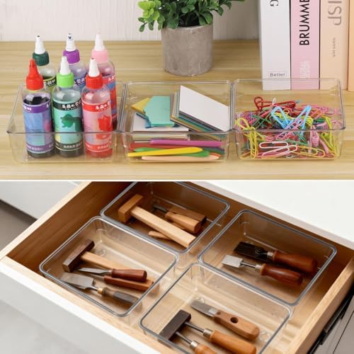 6 Pcs Large Clear Plastic Drawer Organizers Tray 6" x 6" Storage Bins with 25 Pcs Non-Slip Pads for Makeup, Jewelries, Kitchen Utensils, Bathroom and Office - Image 5