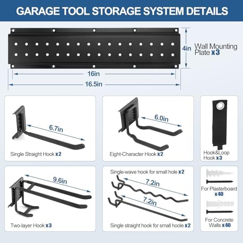 49.5'' Garage Tool Organizer Wall Mount Load 520Lbs with Heavy Duty 14Hooks - Image 7