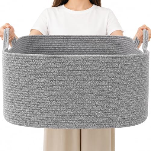 65L Large Laundry Basket with Handles, Woven Blanket Basket, Grey by HZFTJOY