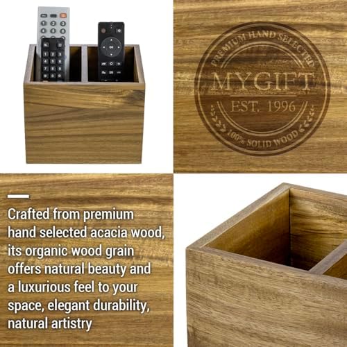 MyGift Premium Acacia Wood Remote Holder, 2 Slot TV Control Caddy - Image 3