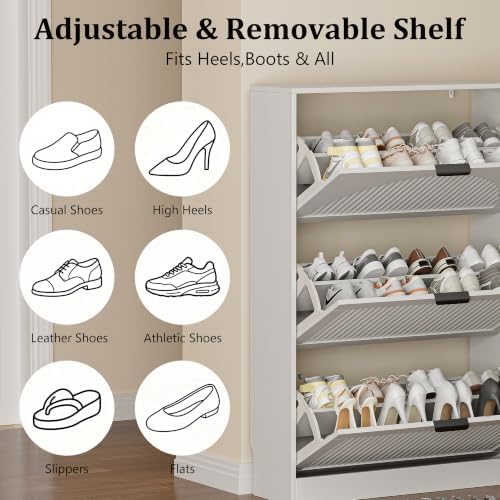 Fluted Shoe Storage Cabinet for Entryway, 3 Flip Drawers, White - Image 7