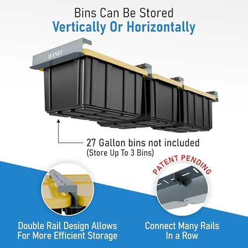 USA Based Overhead Garage Storage Rack, Connectable Heavy Duty Metal Ceiling Rails Garage Storage Organization Shelving System, Hanging Racks Tote Containers, Supports Up To 3 Bins, 2 Sets Gray - Image 2