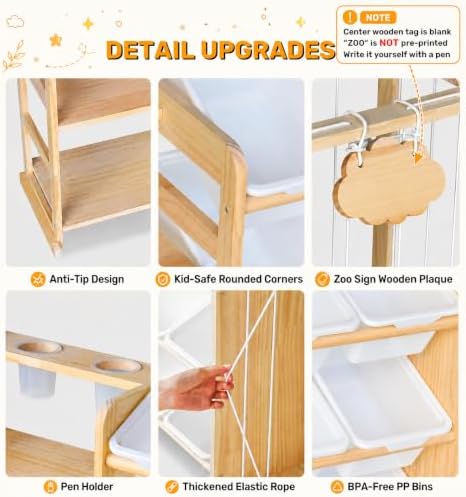 114" Large Toy Storage Organizer with Bins Shelves & Stuffed Animal Storage for Kids Wood Toddler Playroom Organization with Bookshelf Toys Box Wooden Organizers for Kids Room Nursery Bedroom - Image 4