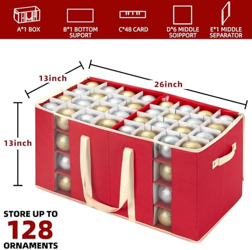 inin Christmas Ornament Storage Box with Adjustable Dividers,Christmas Ornaments Organizer with Zipper,Storage Container Bin with Side Pockets for Holiday Decorations(128 Ball, Red, without Tray) - Image 2