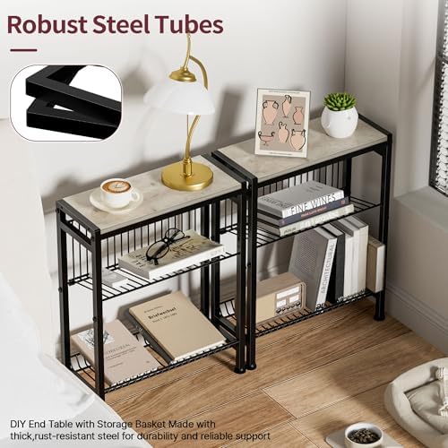 Narrow Side Table for Small Space, 3-Tier End Table with Magazine Holder, Slim Nightstand with Wire Shelf, Skinny Bedside Table in Living Room, Bedroom, Study, Kitchen and Balcony(Greige) - Image 5