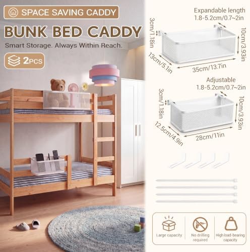 Junkin 2 Pcs 2 Size Metal Mesh Bunk Bed Shelf, Bedside Storage Caddy,White - Image 2