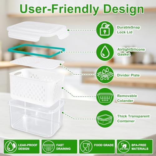 Thicker Produce Fruit Storage Containers for Fridge with Colander &Dividers - Image 3