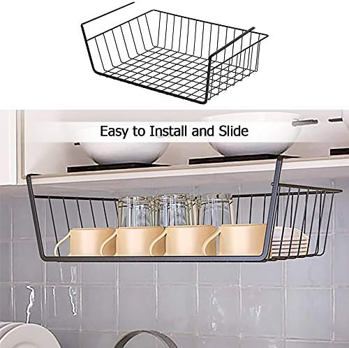 4 Pack Under Shelf Basket, Under Cabinet Organizer Shelf, Durable Metal Wire Rack Hanging Basket Storage Rack, Shelf Organizing for Kitchen/Pantry/Bathroom/Desk-Slide Arms Height:1.45in(Black) - Image 5