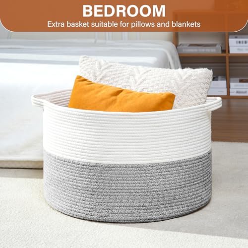 Foldable Laundry Hamper Basket with Collapsible Handle Cotton Rope Soft Woven Fabric Storage Organizer Clothes Toys Nursery Bedroom Dorm Space Saving Bin (White & Light Grey, 80L(21.7"D x 13.8"H)) - Image 4