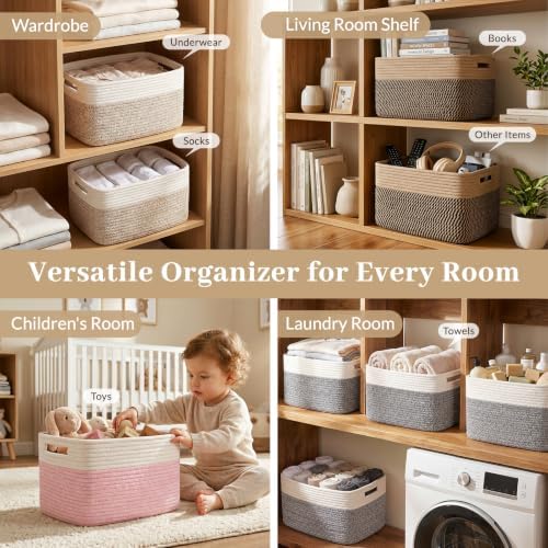 OIAHOMY 4 Pack Storage Basket, 13"x9"x7.8" Cotton Rope Baskets for Shelves, Closet Organizer for Bedroom & Living Room, Soft Decorative Bins for Organizing Towels, Books & Toys, Pink & White - Image 4