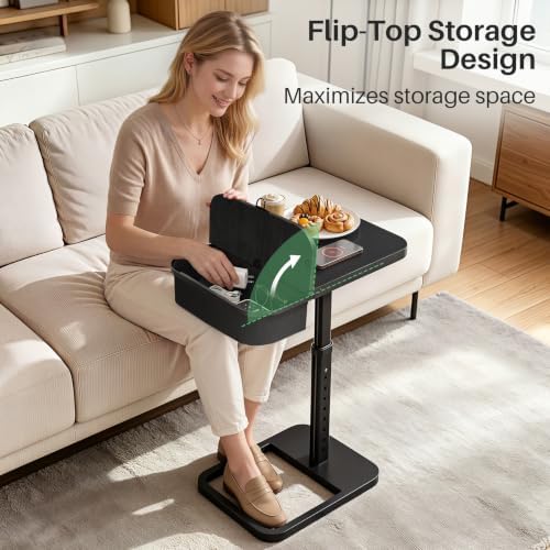 Kitstorack Large TV Tray Table with Flip-Top Storage Compartment for Extra Storage Space, 9 Adjustable Heights TV Trays, Safe Rounded Corners for Living Room, Bedroom, Study, Home Office, Black - Image 3