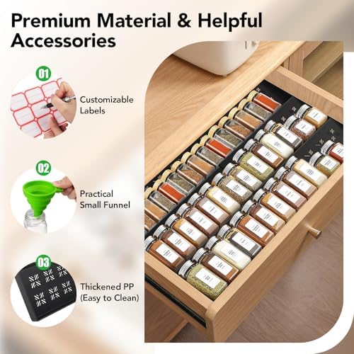 Spice Drawer Organizer 3-Tier Expandable (11"-22" Wide), Spice Rack for Cabinet with Funnel & Spice Labels, Fits Large Jars, Seasoning Storage Insert Design for Cabinet & Drawer (Black) - Image 4