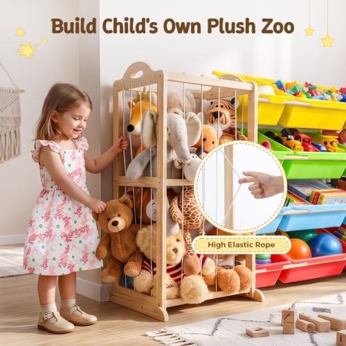 LAMU 3-in-1 Toy Storage Organizer with 3-Tier Bookshelf, Stuffed Animal Storage with 12 Bins and 4 Shelves, Wooden Book Shelf for Playroom Kids Room Nursery Bedroom Living Room Decor, Rainbow - Image 5
