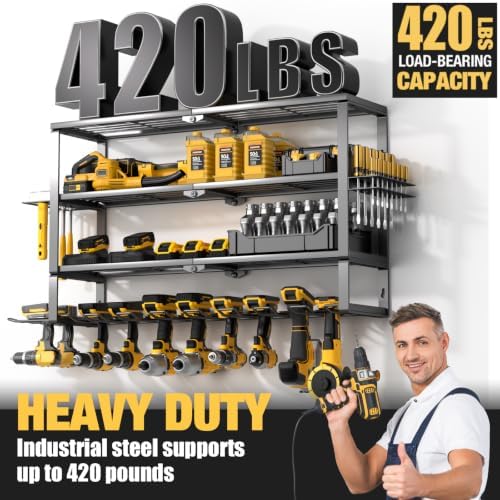 YYR Large Power Tool Organizer Wall Mount, Heavy Duty Metal Cordless Drill Storage Rack with Battery Charging Station Shelf, Utility Racks for Garage Organization, 4 Layer 10 Drills Holder Extra Tall - Image 5