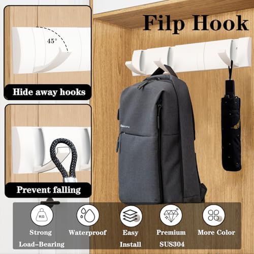 Folding Coat Hooks, Wall Mounted Coat Rack with 8 Retractable Hooks, Heavy Duty Towel Rack for Bathroom Wall Hook for Hanging Clothes Bathrobe, Stainless Steel Coat Hanger for Entryway(White) - Image 4