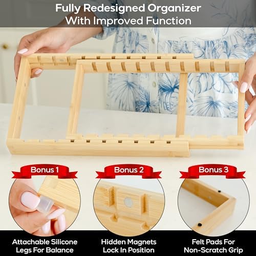 Pot and Pan Organizer for Under Cabinet – Bamboo Pot Lid Organizer for Cabinet with Magnetic Lock, Expandable 2-in-1, Adjustable Dividers, Non-Slip Base for Cutting Boards, Cookie Sheets, Bakeware - Image 3
