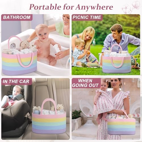 19L Baby Diaper Caddy Organizer, 16.8"x9.8"x9" Cotton Rope Diaper Basket, Changing Table Storage Caddy With Removable Divider, Baby Basket for Nursery, Car, Diapers, Baby Shower Gifts for Newborn - Image 4