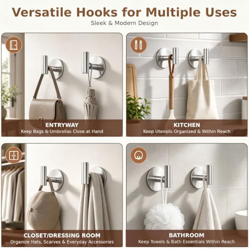 Heavy Duty Self-Adhesive Coat Hooks, Stainless Steel Towel Hooks for Bags, Towels, Robes, Hats, Aprons – No Drill Bathroom, Kitchen, Hotel Wall Hooks (Silver, 4 Pack) - Image 4