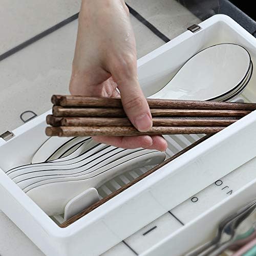 White Flatware Tray Kitchen Drawer Organizer With Lid And Drainer - Plastic Kitchen Cutlery Tray and Utensil Storage Container with Cover - 11.0 Inch Silverware Holder Drawer Organizer - Image 6