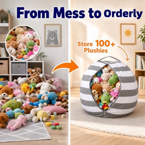 Amzlink® Stuffed Animal Storage Bean Bag Chair Cover for Kids - Stuffable Zipper Beanbag for Organizing Children Plush Toys, Heavy Duty Cotton Canvas, Ideal for Bedroom Classroom(X-Large for Kids) - Image 3