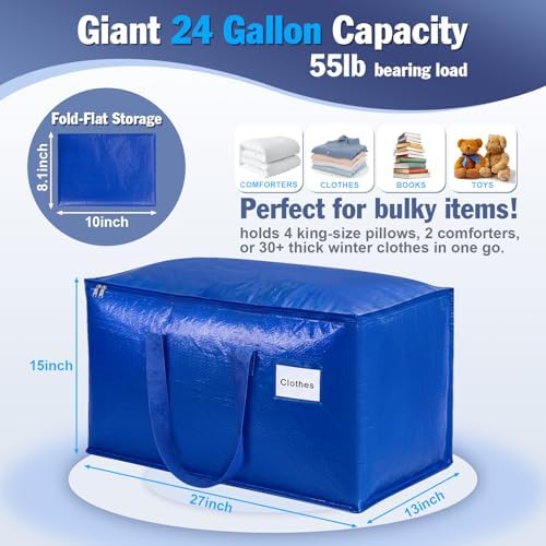 KYODOLED 8 Pack Blue Moving Bags, 24 Gal Large Storage Totes for College - Image 2