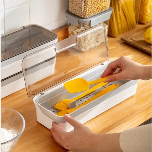 Plastic Kitchen Drawer Organizer with Lid and Drainer Stackable Utensil Holder for Countertop Silverware Tray Flatware Organizers - 13x4.7x2.4 Inch Spatula Cutlery Storage Box - Image 5