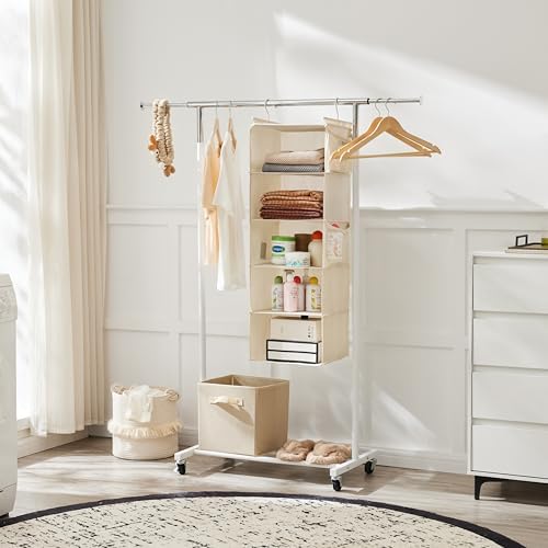 MAX Houser 5 Tier Hanging Closet Organizer with 4 Side Pockets, Beige - Image 6