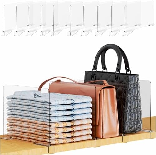 Yieach 10 Pack Towel,Sweater,Purse Organizer and Acrylic Shelf Dividers for Closet Organization - Adjustable Height - Vertical Shelf Separators for T Shirt,Clear Closet Shelf Divider for Wood Shelves by Yieach