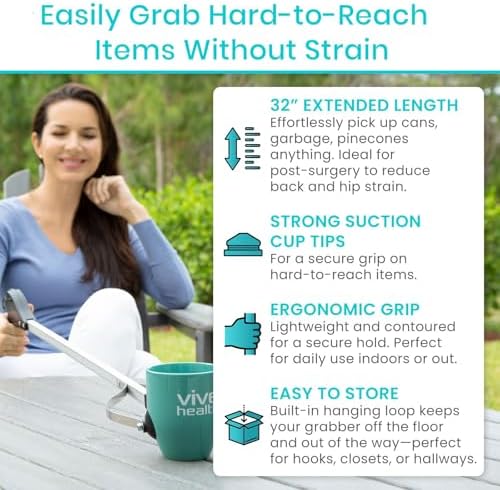 Vive Suction Cup Grabber Reacher 32" - Elderly Grab It Reaching Pickup Tool - Image 2