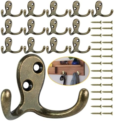 Homanu 14 Pack Antique Brass Double Prong Coat Hooks with 28 Screws by Homanu