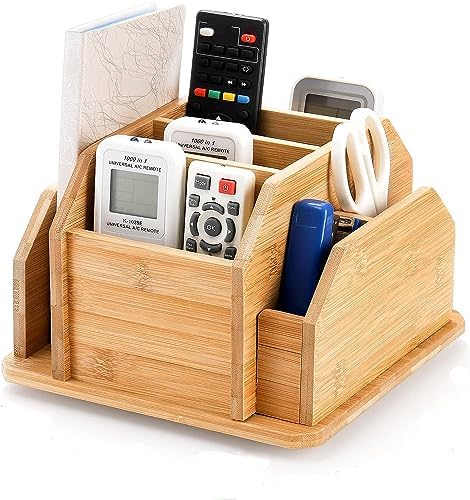 yarlung Bamboo Rotating Remote Control Holder for Table, 7 Compartments Office Supplies Organizer 360° Spinning Desktop Storage Caddy for Pen, Colored Pencil, Book Sewer, Sticky Notes by Yarlung