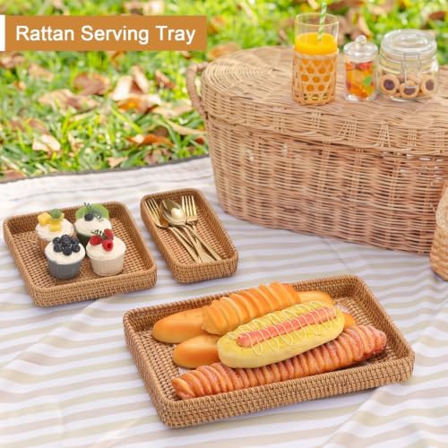 Hipiwe Set of 3 Rattan Serving Trays Woven Wicker Basket Tray for Storage - Image 4