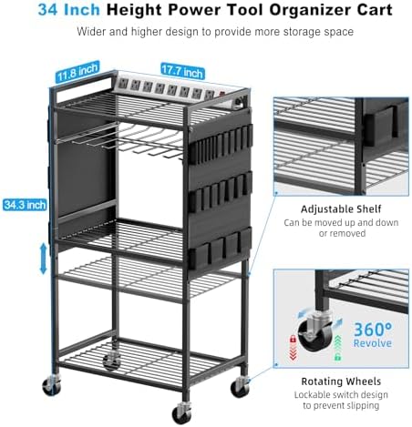 JUNNUJ Power Tool Organizer Cart with Charging Station, 10 FT Cord, Black - Image 5