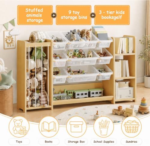 3-in-1 Montessori Toy Organizer with Bookshelf, 9 Clear Bin & Plush Storage - Image 5